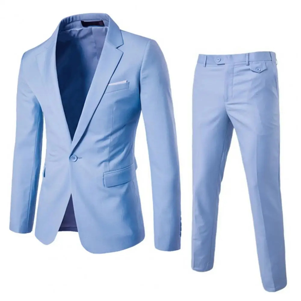 Men Pants Set Business Suit Stylish Mens Lapel Single Button Coat Slim Fit with Pockets 240419