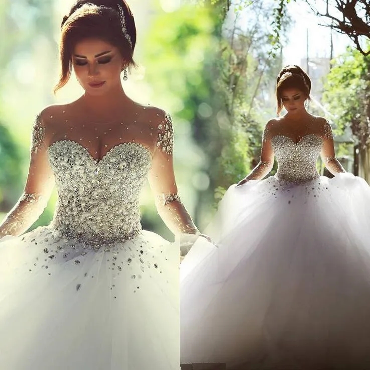 Dresses Crystal Bridal Gowns Beads Sheer Long Sleeves Wedding Dress Crystals Backless Or Length Tulle Bd019 6660312