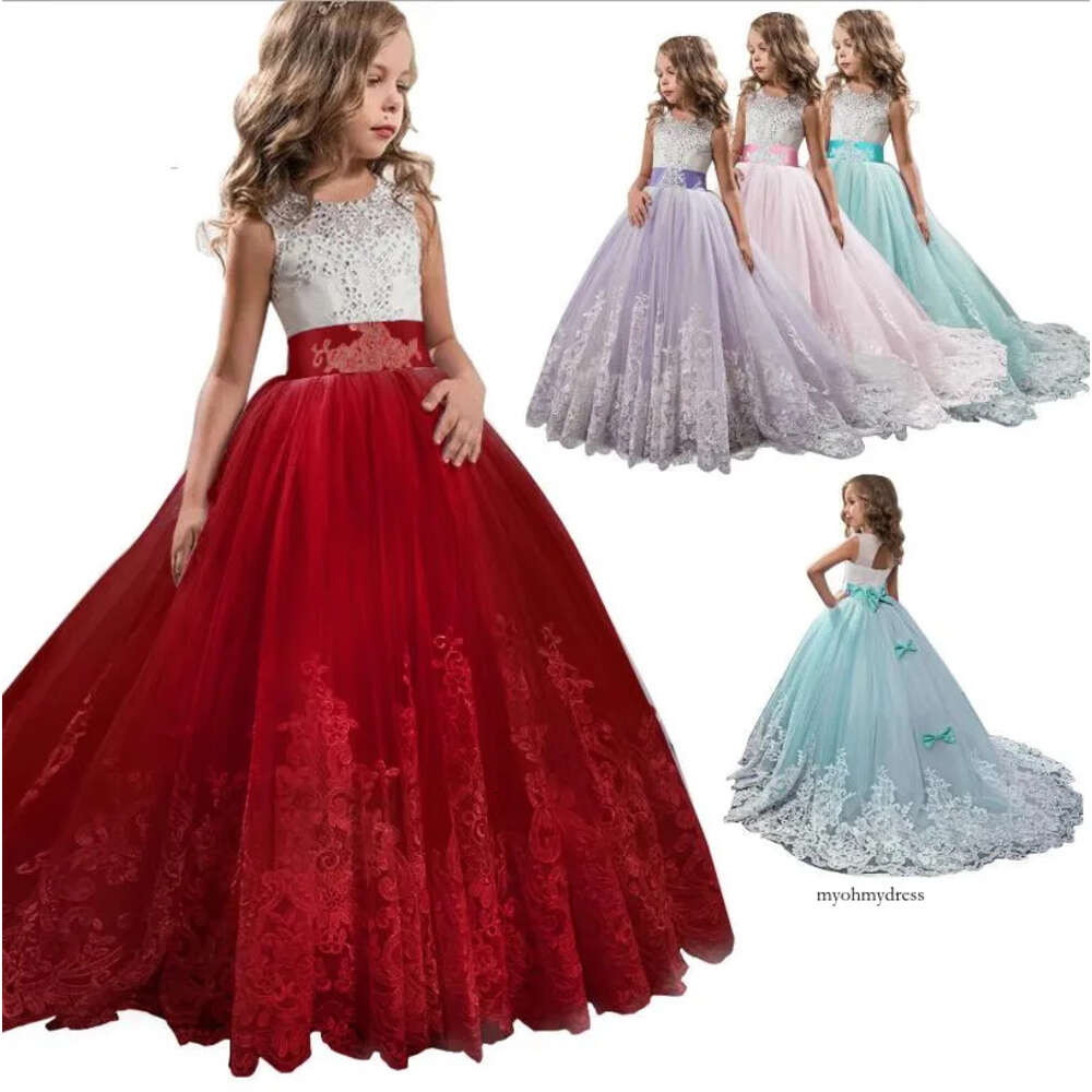 Kids Girls Party Wedding Princess Evening Gown Dresses Bithday Gift Pageant Dress Lace Appliques Back to school uniform 0508