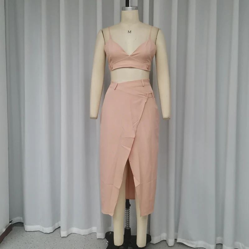 Waytobele Women Two Piece Set Summer Sexy Suspender Solid Backless Sleeveless Top With Pocket Irregular Slit Skirt Streetwear 240423
