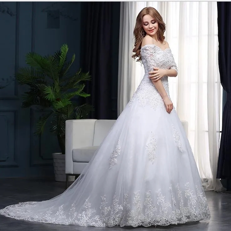 Wedding dress Charming Bateauty bridal viel princess off shoulder Wedding Dresses Bridal Gowns with Sash Bow Sweep Train Custom Made BD04