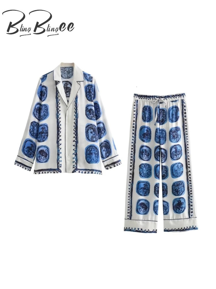 BlingBlingee Pajama Style Women Loose Shirt Suits Traf Summer Printed Long Sleeve Satin Blouse Female Wide Leg Ankle Pants Sets 240428