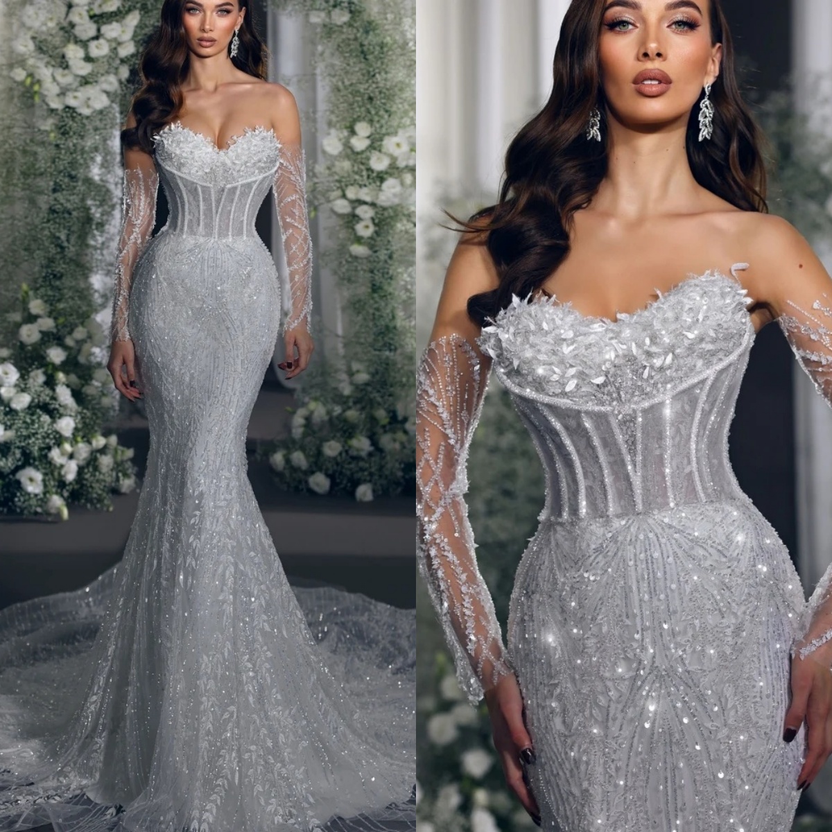 Ful Wedding Dresses Appliques Mermaid Bridal Gowns Strapless Sequins Sweep Train Bride Dress Custom Made Vestidos De Novia 0219