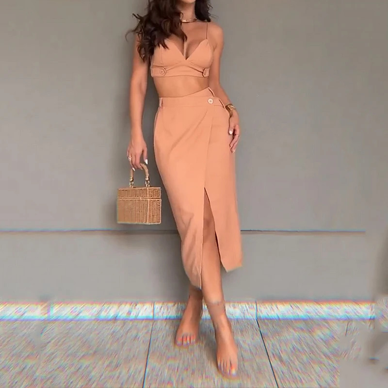 Waytobele Women Two Piece Set Summer Sexy Suspender Solid Backless Sleeveless Top With Pocket Irregular Slit Skirt Streetwear 240423