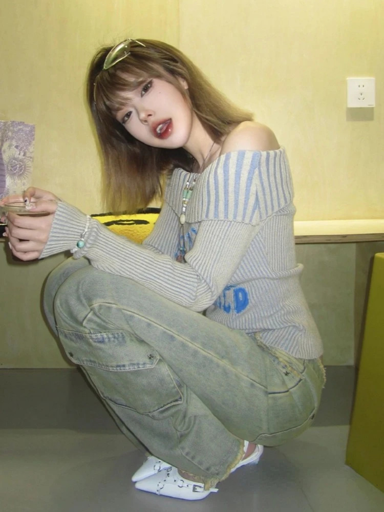 Sexy Off Shoulder Letter Womens Sweater Autumn Slim Retro Full Matching Puller Sweet Y2k Striped Knitted Fairy Jumper Trend 240426