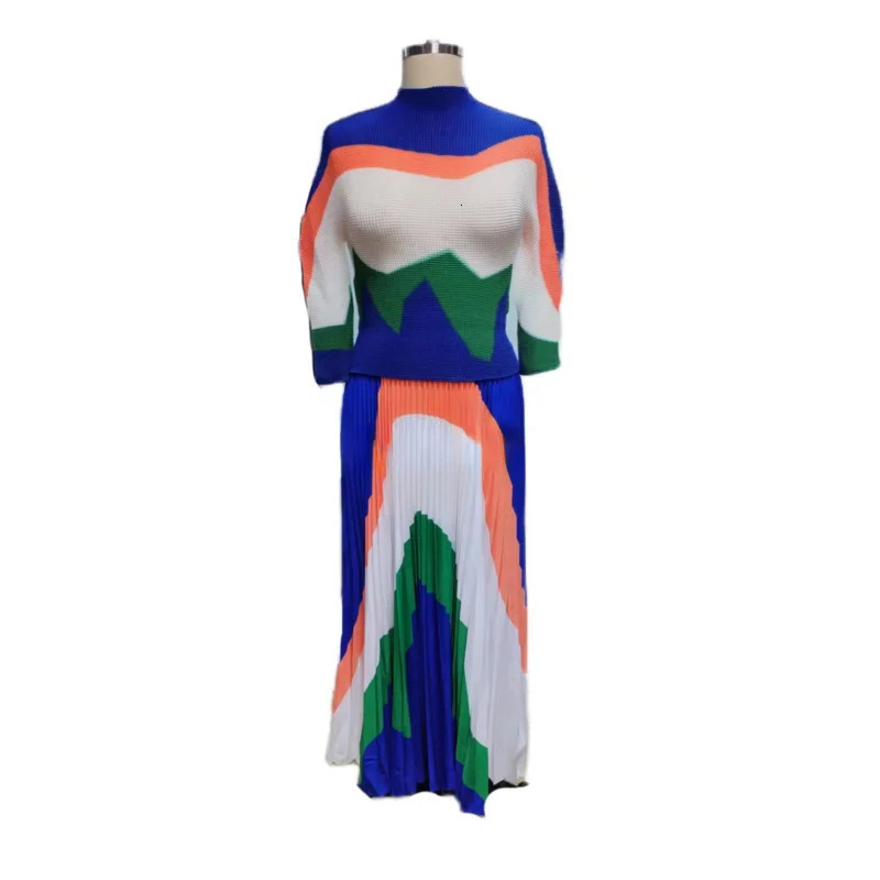 Summer Miyake Printing Color Matching Corn Pleated Long Sleeve Half High Neck Slim Fit Top Two Piece Pleated Skirt Set 240429