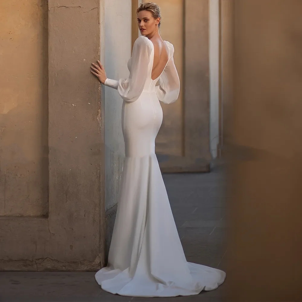 Sexy White Mermaid Wedding Dresses 2024 Chic V-Neck Long Puff Sleeve Beading Backless Bridal Formal Party Gown Court Train Vestidos De Noiva