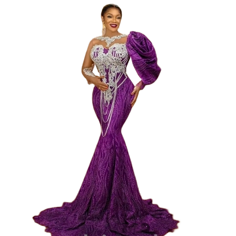 Aso Ebi Lace Mermaid Evening Dresses Appliques Beaded Long Sleeves Purple Formal Party Gowns Illusion Jewel Neck Chic Prom Dress 2024 Special Occasion