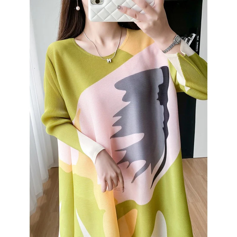 Miayke Loose Large Size Casual A- line Dress for Women Summer Pleated round Neck Printed Temperamental Minority 240429