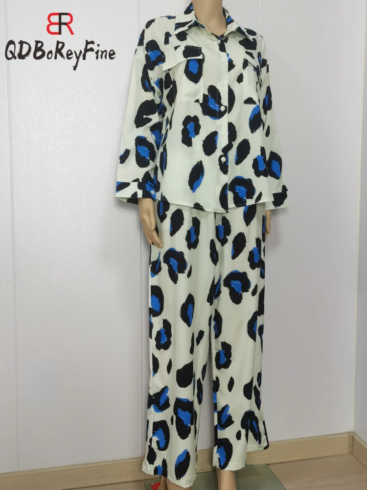 Leopard Printed Elegant Womens Sets Casual Streetwear Long Sleeve Tops Wide Leg Pants Tracksuit Two Piece Outifits 240428