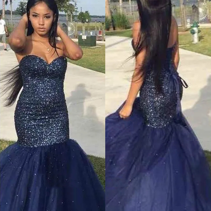 Mermaid Glitter Sequined Prom Dresses Sweetheart Long Graduation Party Dress Floor Length Navy Black Birthday Evening Gowns 2024 Beaded Special Ocn We