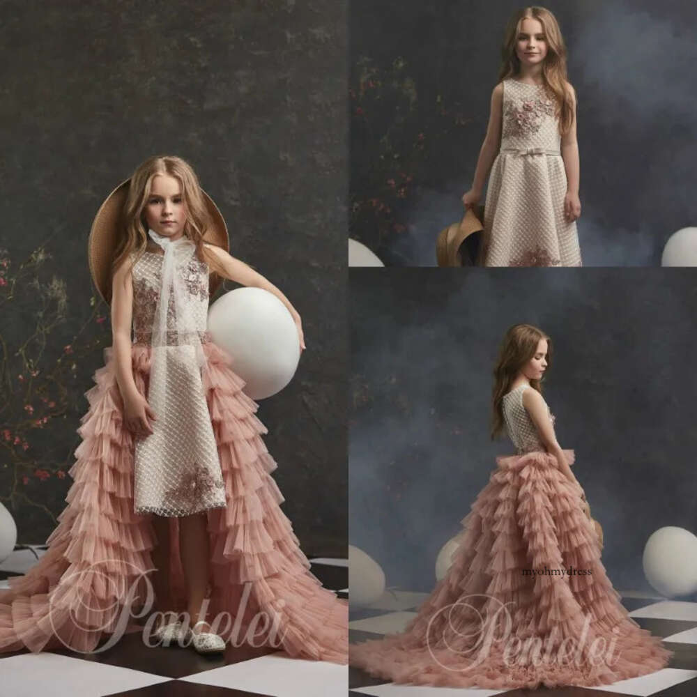 Dreamly A Line Flower Girl With Detachable Train Jewel Sleeveless Lace Bow Sequins Pageant Dress Knee Length Girl's Birthday Part 0508