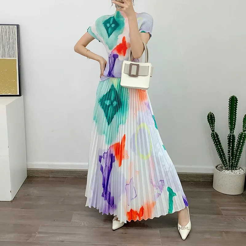 Printed Pleated Womens Summer Temperament Tofu Top Large Swing Skirt Two Piece Set 240429