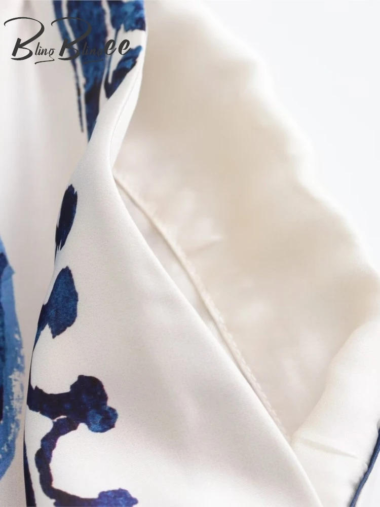 BlingBlingee Pajama Style Women Loose Shirt Suits Traf Summer Printed Long Sleeve Satin Blouse Female Wide Leg Ankle Pants Sets 240428