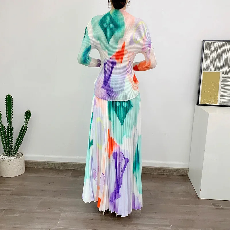 Printed Pleated Womens Summer Temperament Tofu Top Large Swing Skirt Two Piece Set 240429
