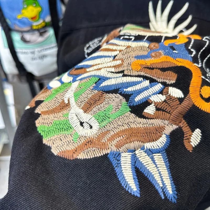 Spring Chinese Dragon Embroidered Denim Jacket Fashion Men Loose 240428