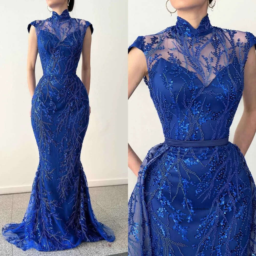 Elegant Mermaid Prom Art Deco-inspired High Neck Sleeveless Sweep Train Dress Lace Appliques Beading Celebrity Evening Dresses Plus Size Custom Made L