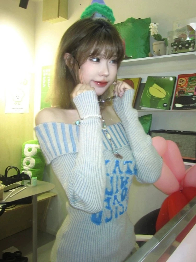 Sexy Off Shoulder Letter Womens Sweater Autumn Slim Retro Full Matching Puller Sweet Y2k Striped Knitted Fairy Jumper Trend 240426