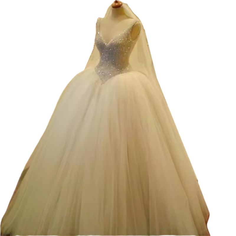 Crystals Beaded Princess Wedding Dresses V-Neck Straps Luxury Bridal Gowns Sleeveless Gorgeous Ivory Tulle Ball Gown Floor Length Vestido De Novia