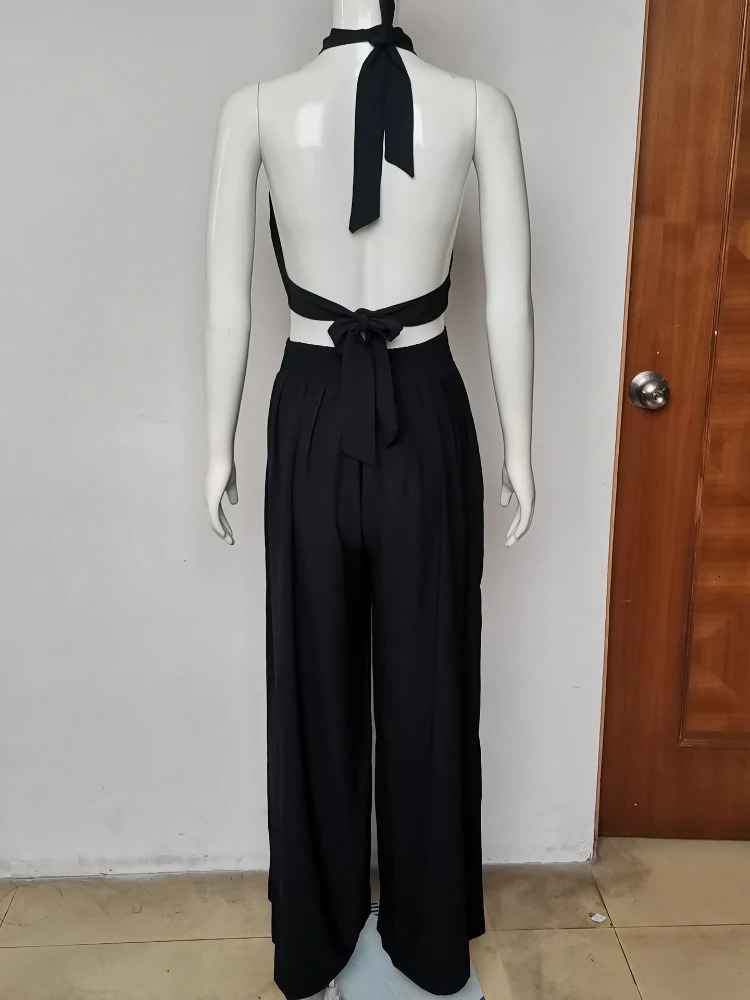 Long Pants Set Hanging Neck Top Short High Waisted Trousers Twopiece Streetwear Solid Color Casual Female Clothing Summer 240423
