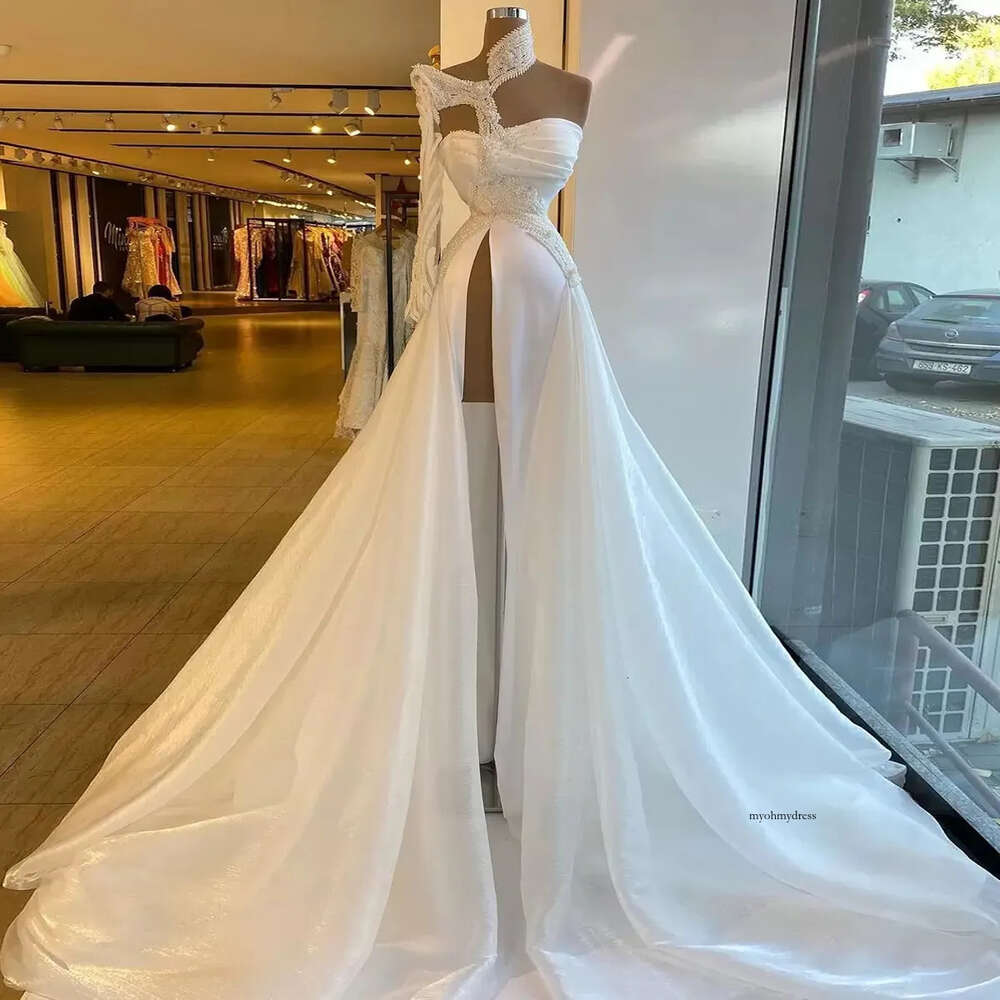 White Prom Princess Long Sleeve Deep V Neck One Shoulder Appliques Sequins Evening Dresses Satin Side Slit Floor Length Party Gowns Plus Size Custom M