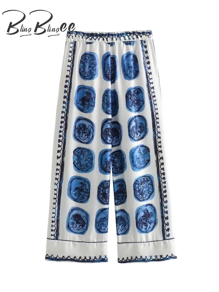 BlingBlingee Pajama Style Women Loose Shirt Suits Traf Summer Printed Long Sleeve Satin Blouse Female Wide Leg Ankle Pants Sets 240428