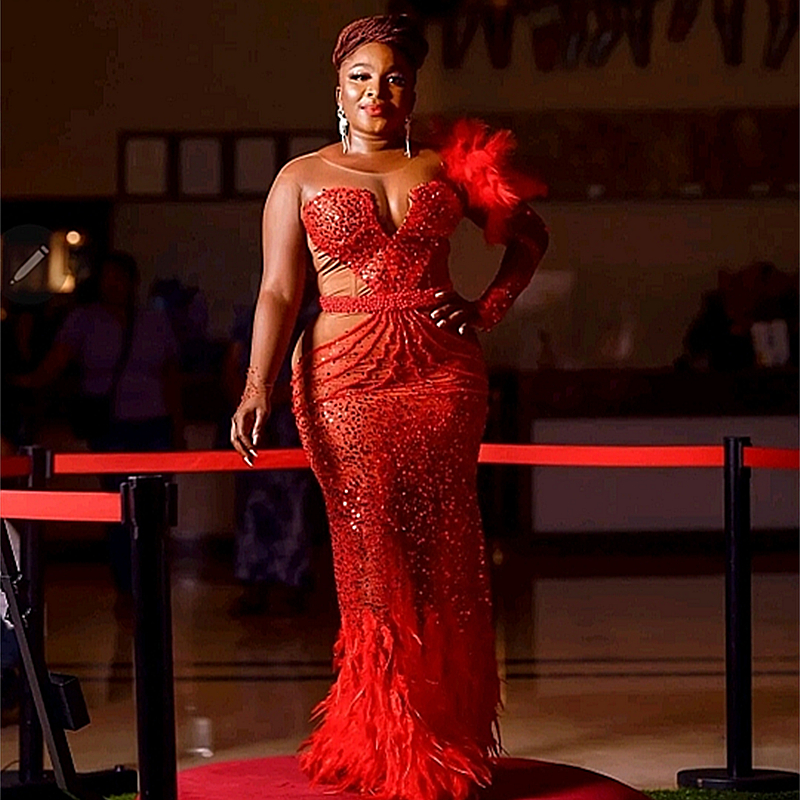 Sparkly Sequined Mermaid Evening Dresses Crystals Beading Feather Floor Length Aso Ebi Prom Dress For Women Illusion Long Sleeves Sexy Birthday Party 