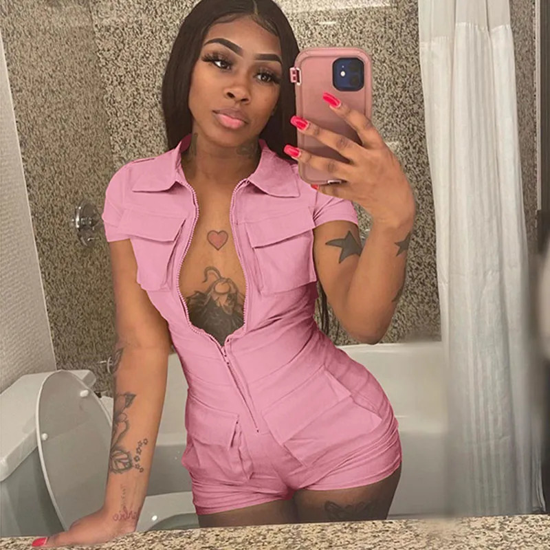 Street clothing front zipper pocket cargo jumpsuit Playsuit womens short sleeved lapel sports and leisure integrated jumpsuit shorts 240426