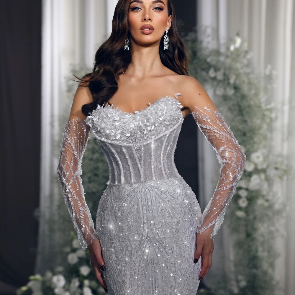ful Wedding Dresses Appliques Mermaid Bridal Gowns Strapless Sequins Sweep Train Bride Dress Custom Made Vestidos De Novia