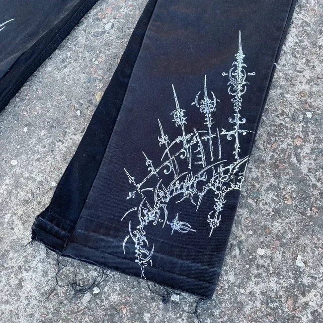 Gothic Punk Graphic Print High Waist Baggy Jeans Mens Womens Y2k Streetwear Black Straight Casual Denim Trousers Harajuku 240429