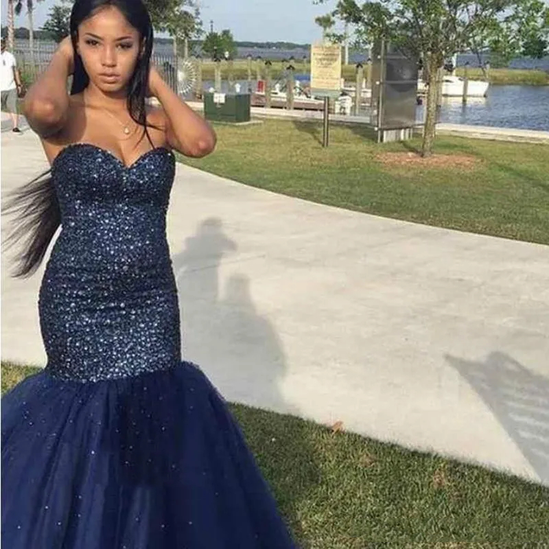 Mermaid Glitter Sequined Prom Dresses Sweetheart Long Graduation Party Dress Floor Length Navy Black Birthday Evening Gowns 2024 Beaded Special Ocn We