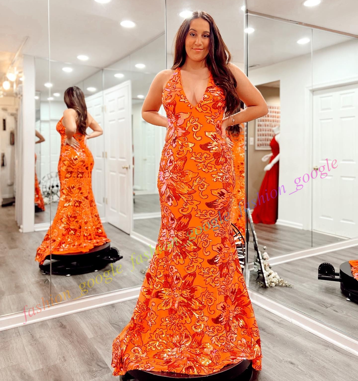 Long Fitted Formal Party Dress V-Neck Iridescent Sequin Floral Sheath Celebrity Pageant Prom Evening Event Special Occasion Met Gala Red Carpet Runway