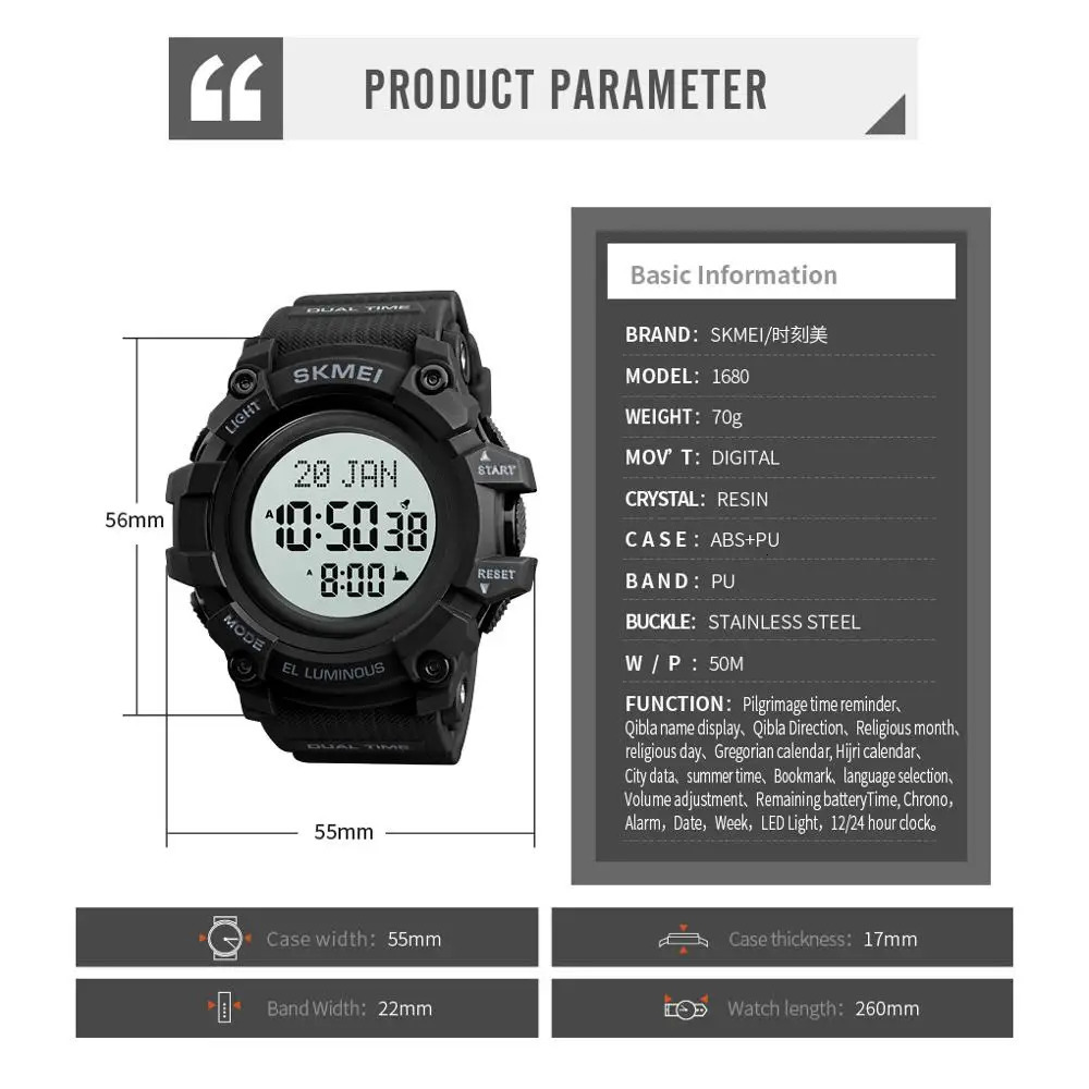 SKMEI 1680 Digital Watch Men Women Bookmark Language Selection Muslim Wristwatches Pilgrimage Time Reminder Watches For Islamic 240428