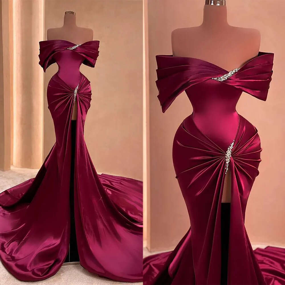 Off Elegant The Mermaid Shoulder Dresses Prom Beads Satin Front Split Pleats Chapel Gown Backless Plus Size Custom Made Party Dress Vestido De Noite 6