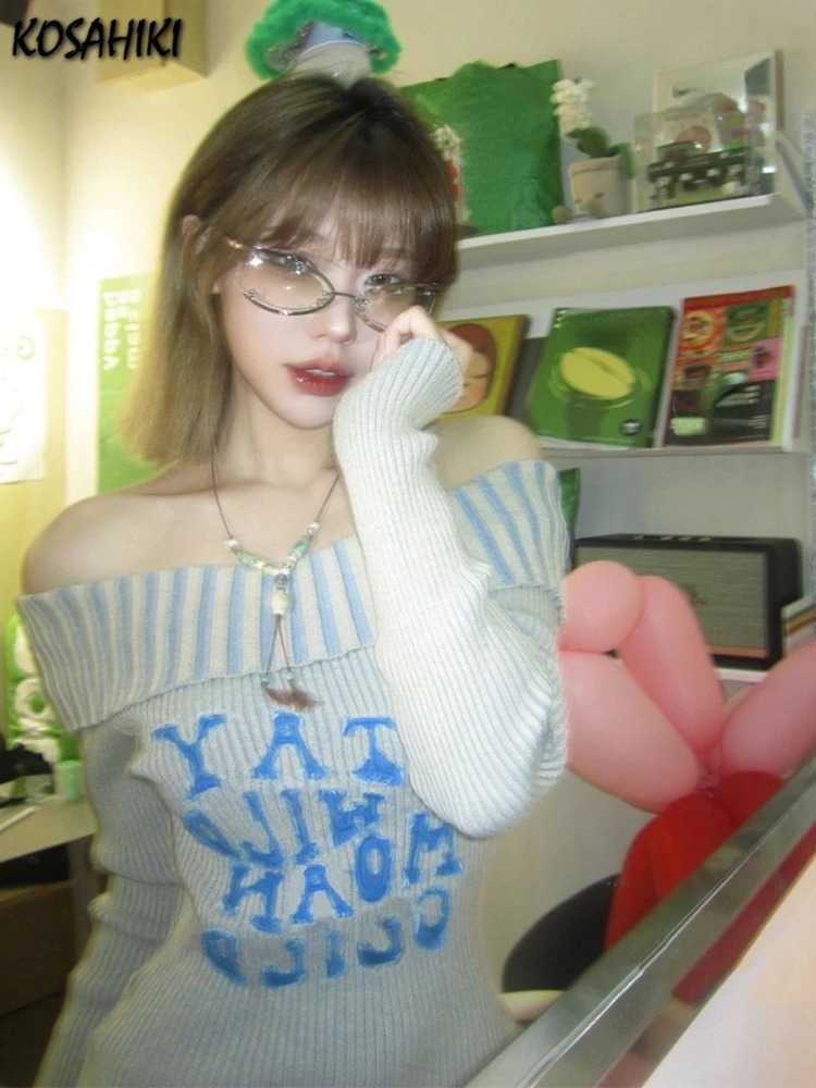 Sexy Off Shoulder Letter Womens Sweater Autumn Slim Retro Full Matching Puller Sweet Y2k Striped Knitted Fairy Jumper Trend 240426