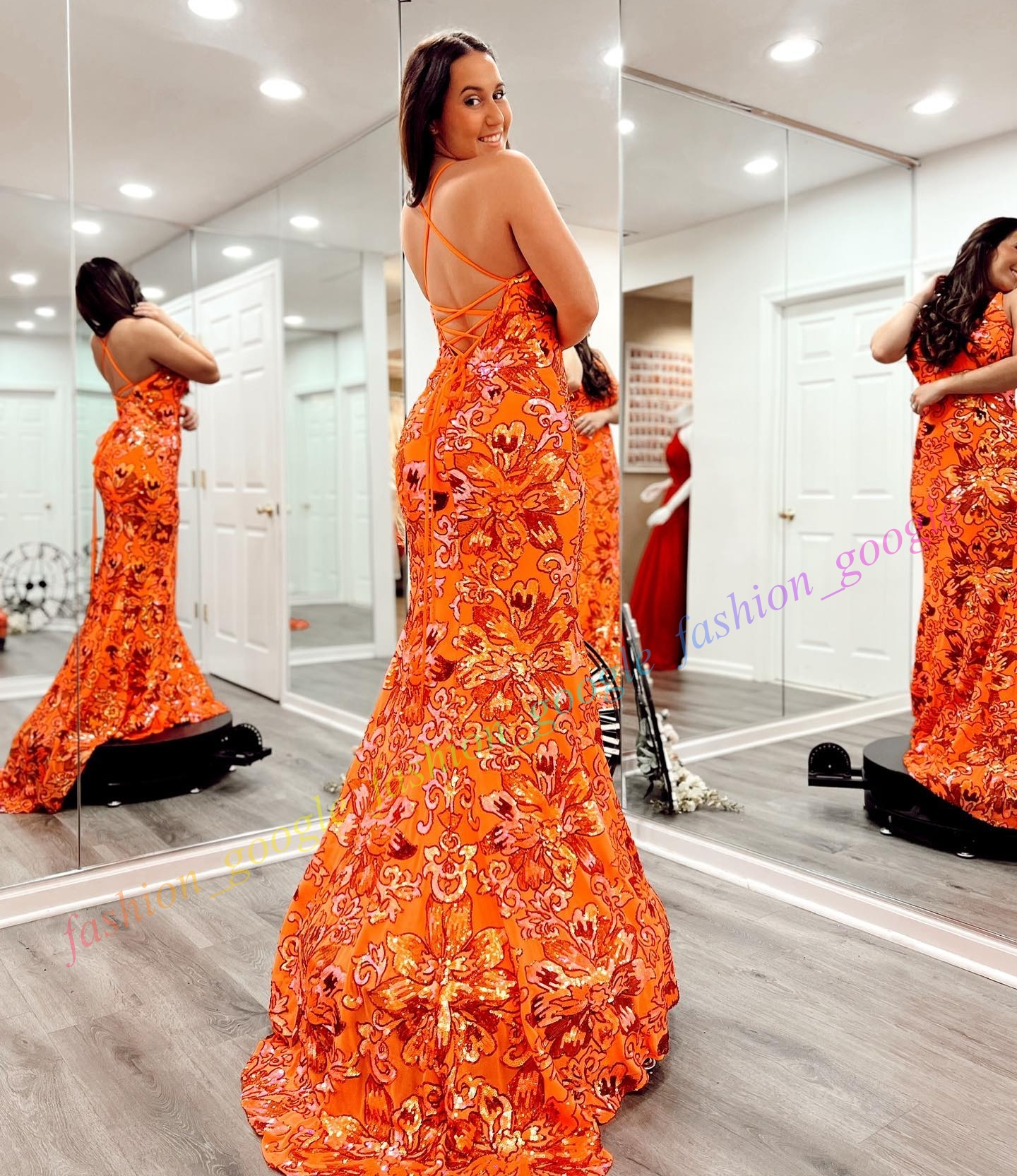 Long Fitted Formal Party Dress V-Neck Iridescent Sequin Floral Sheath Celebrity Pageant Prom Evening Event Special Occasion Met Gala Red Carpet Runway