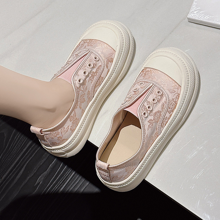 new Chinese style women's 2024 summer lazy person kic thick soled round ugly and cute big toe printed forged surface board shoes Lhshoe