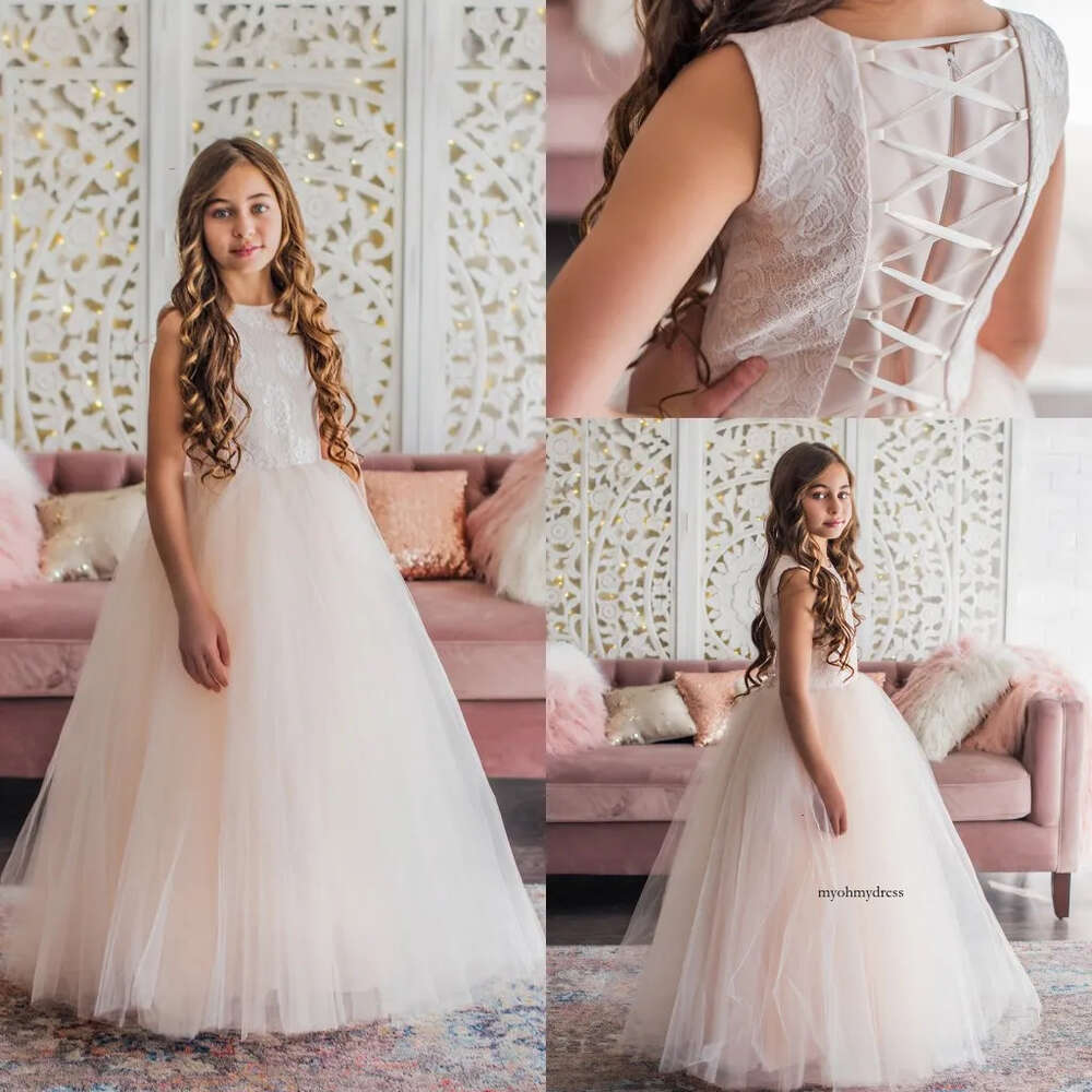 Newest Ball Gown Flower Girl Jewel Neck Sleeveless Tulle Lace Applique Ruched Wedding Dress Ankle Length Girl's Birthday Part 0508