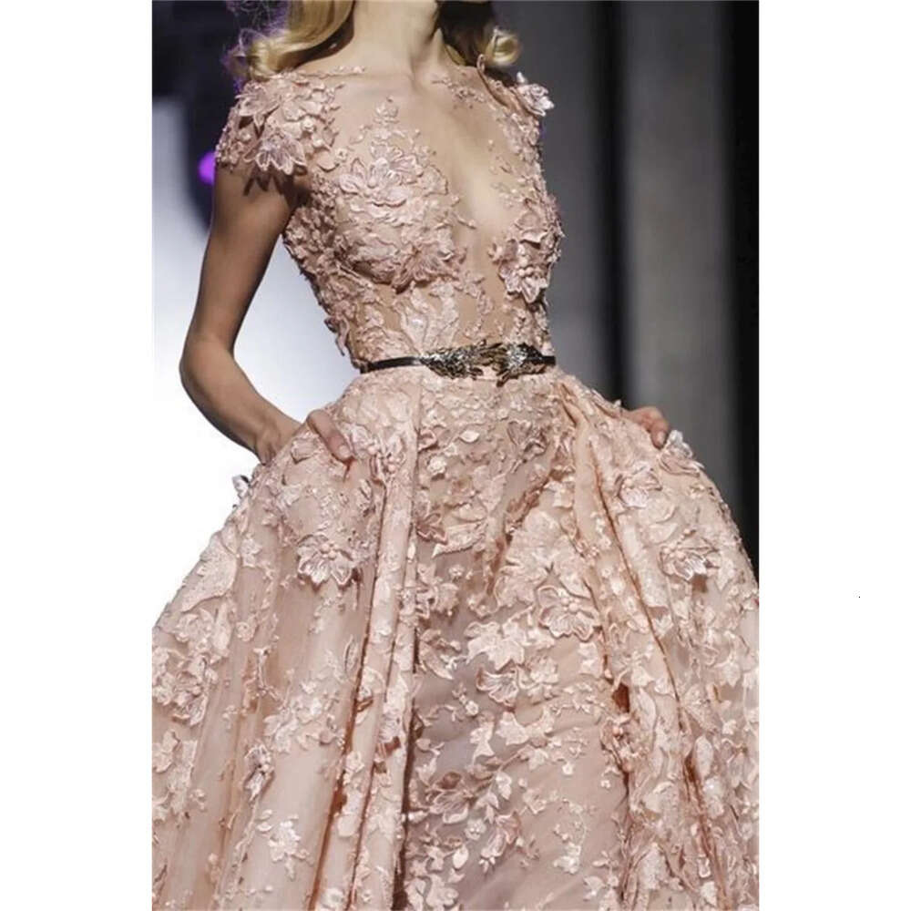 Blush Elegant Zuhair Dresses Prom Murad Pink With Overkirt Exquisite Lace Applique Evening Gowns Party Formal Wear Leaf Belts Designer 0213