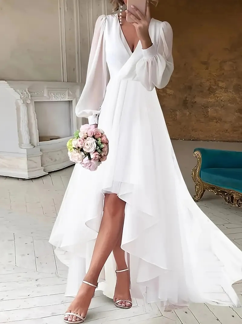 Simple V Neck Flowy Chiffon Summer Beach Bridal Gowns With Long Sleeves Boho A Line Wedding Dresses Tea Length Hi-lo White Short Women Bride Party Rec