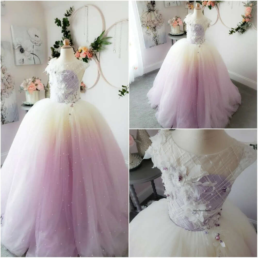 Lovely 2020 Flower Dresses Dreamy Gradient Color Ball Gown Wear For Wedding Pearls Sleeveless Rhinestone Girls Party Dress 0508