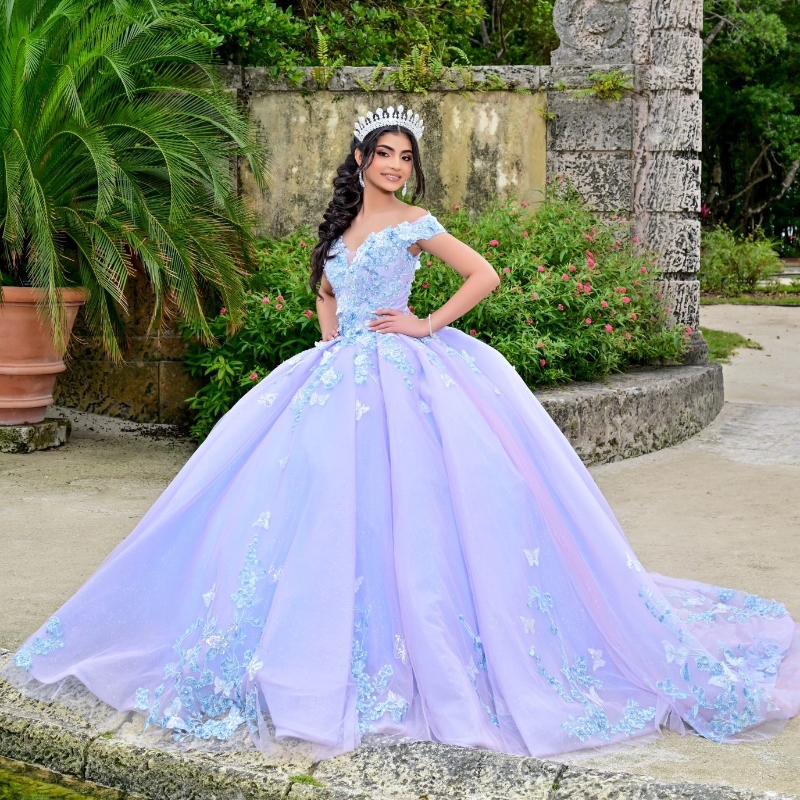 Glitter Lilac Sky Blue Off The Shoulder Quinceanera Dresses Ball Gown Applique Lace Bow Beading Tull Party Birthday Corset Sweet 16 Dress Vestidos De 