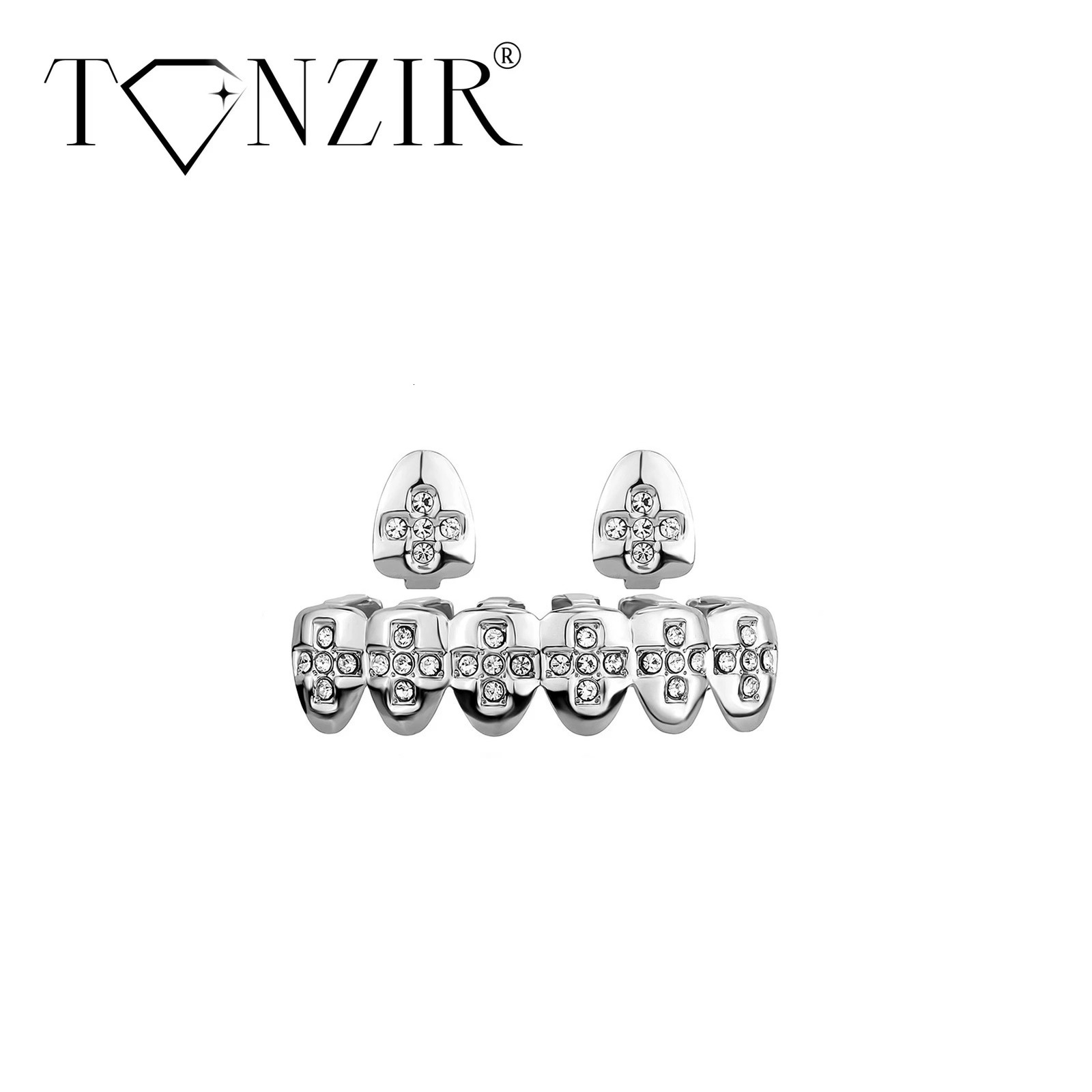 14K Plated Gold Grills Teeth Cross Heart Crysta Silver Gap Hip Hop Top Bottom Tooth Cap Set 1-2 Pieces Costme Cosplay 240504