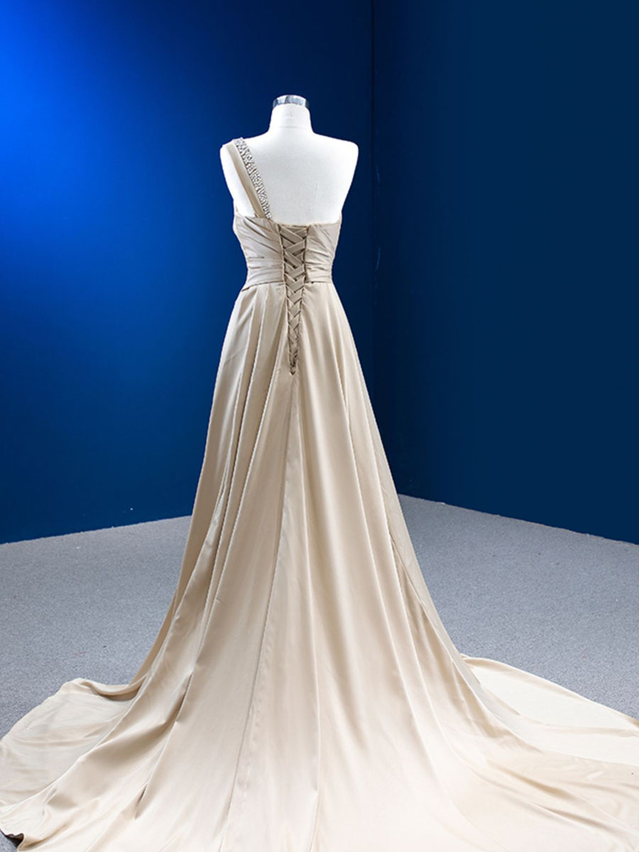 Evening Dresses 2024 Real Pictures Champagne Long Formal Dresses Elegant One Shoulder Satin with Sequins Beads Court Train Royal Blue, Burgundy, Green