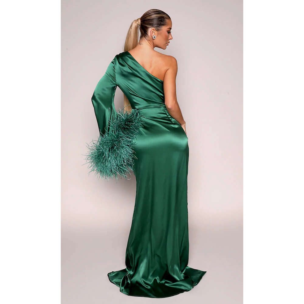 Mermaid One Sleeve With Dresses Glamorous Prom Feather Soft Satin Special Design Solid Color Backless High Split Zipper Court Gown Formal Gowns Party 