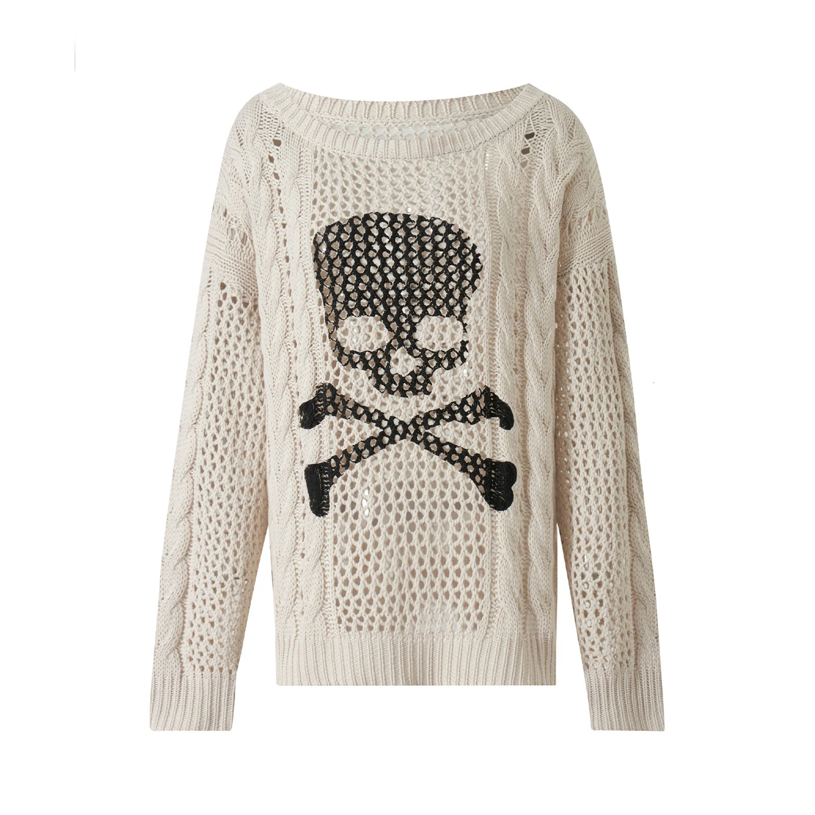 Harajuku Grunge Y2K Aesthetic Retro Jumper Skeleton Printed Hollow Knitted Sweater Autumn Full Set Handle 240426