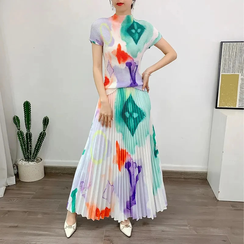 Printed Pleated Womens Summer Temperament Tofu Top Large Swing Skirt Two Piece Set 240429