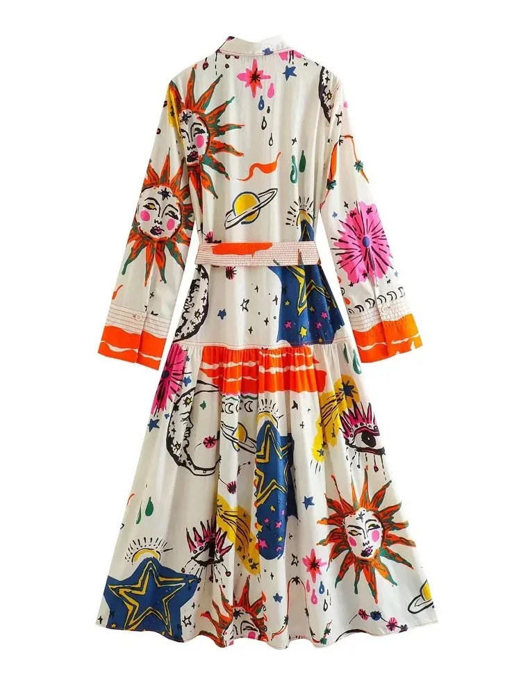 TRAF Fashion Women Printed Dresses With Belt Summer Elegant Turn Down Collar Beach Style Dress A-line Party Vestidos 240507CJ