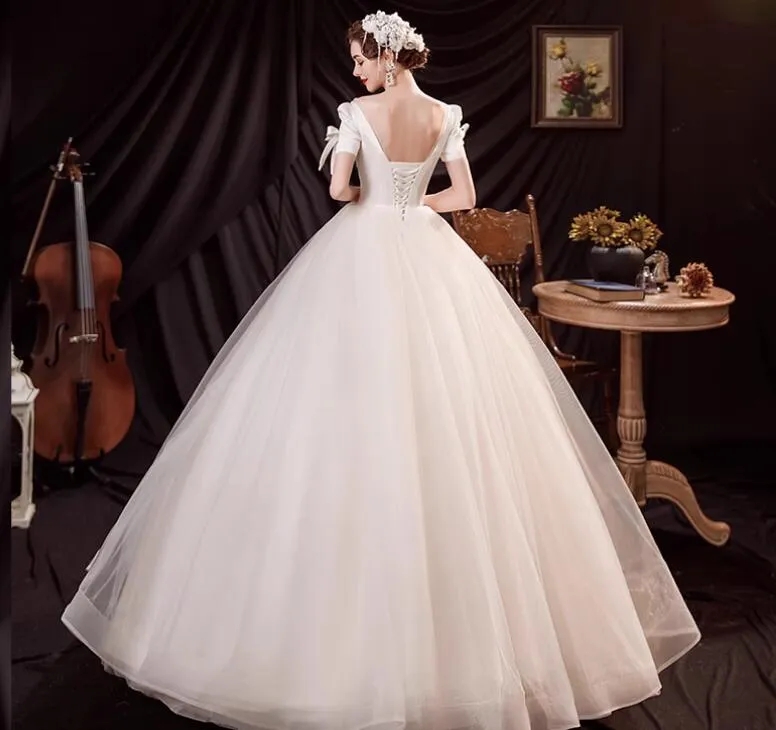 Jewel Short Sleeve Ball Gown Wedding Dresses Beach Floor-length Bride Gown