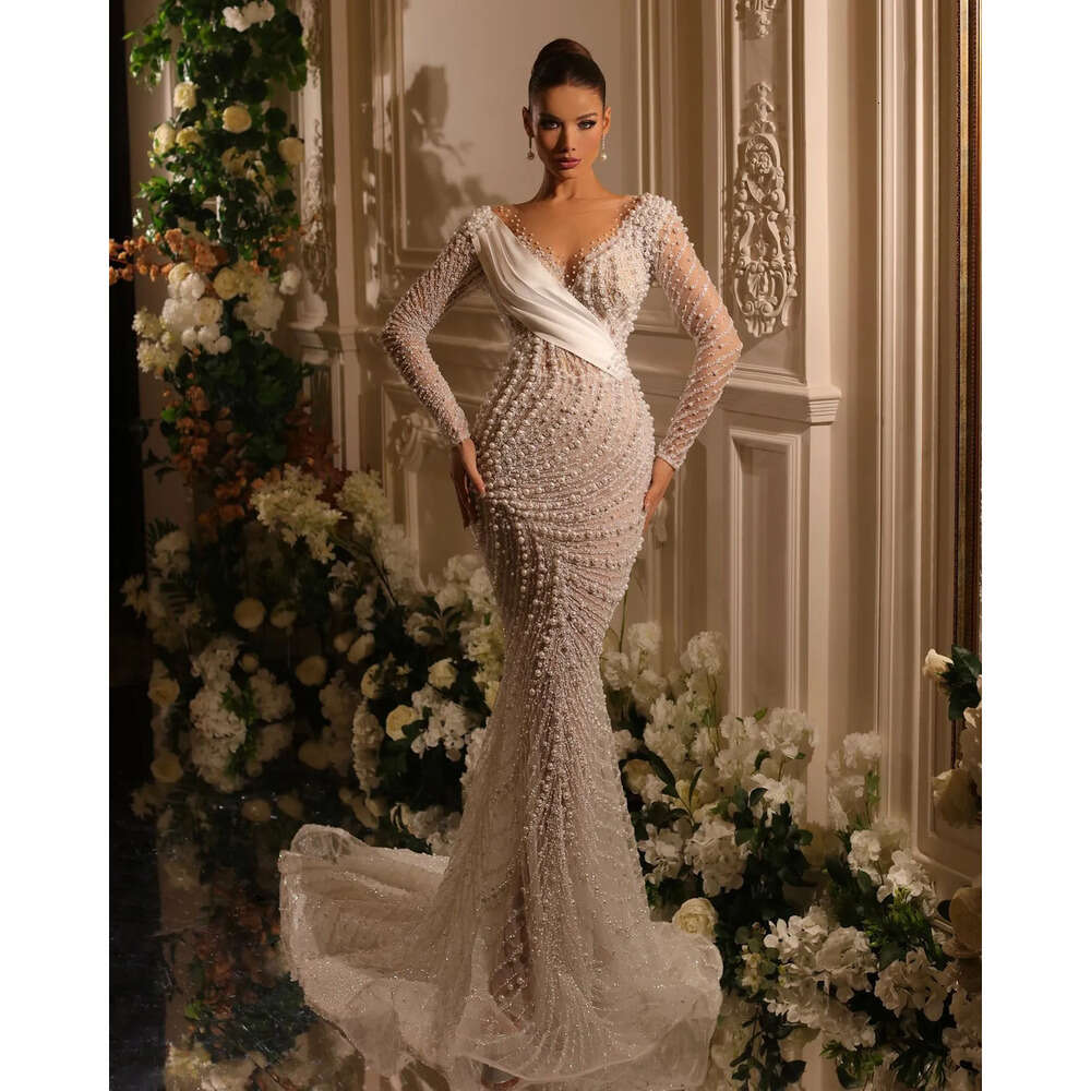 Dresses Wedding Body Whole Mermaid V Neck Gorgeous Chain Pearls On Tulle Long Sleeves Applicants Detachable Train Custom Made Plus Size Vestidos De No